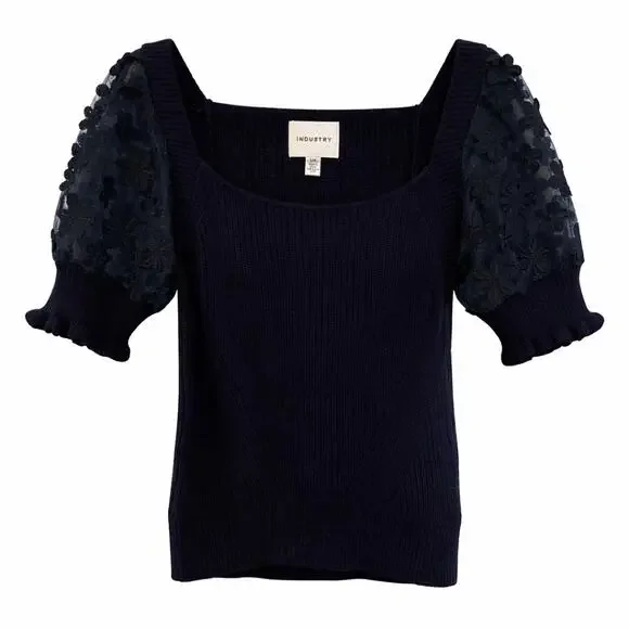 Industry Navy Knit Sweater with Embroidered Lace Puff Sleeves – Size L - Picture 1 of 5